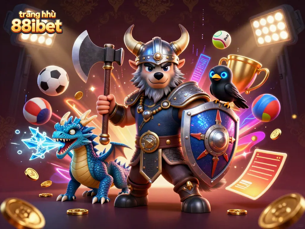 Experience thrilling action with trang chủ 88ibet featuring a Viking wolf warrior, dragon, and cartoon elements.