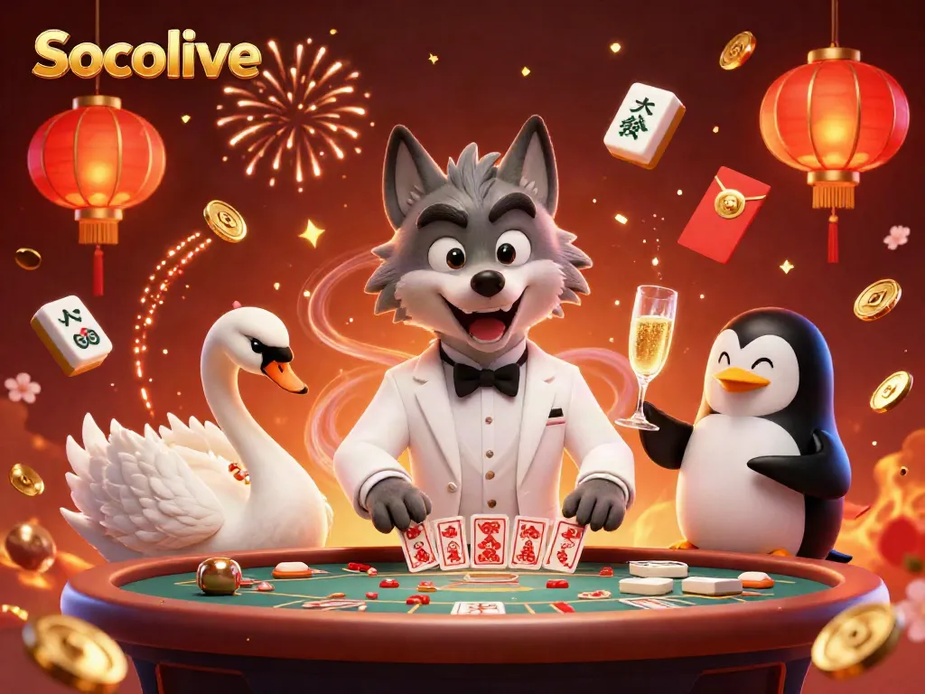 Socolive features a 3D cartoon wolf at a baccarat table, enhancing the casino atmosphere.