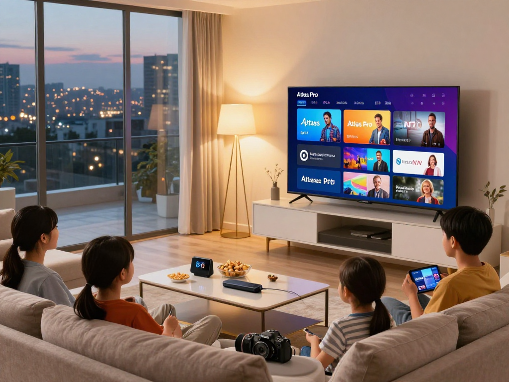 Expérience IPTV avec Atlas pro ontv dans un salon moderne, famille profitant d'une soirée cinéma.