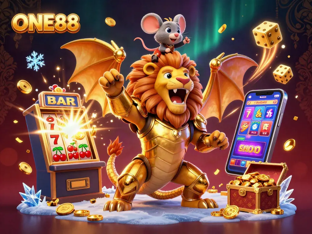 ONE88 branded slot machine scene with a victorious chimera and a mouse jockey amidst coins and light bursts.