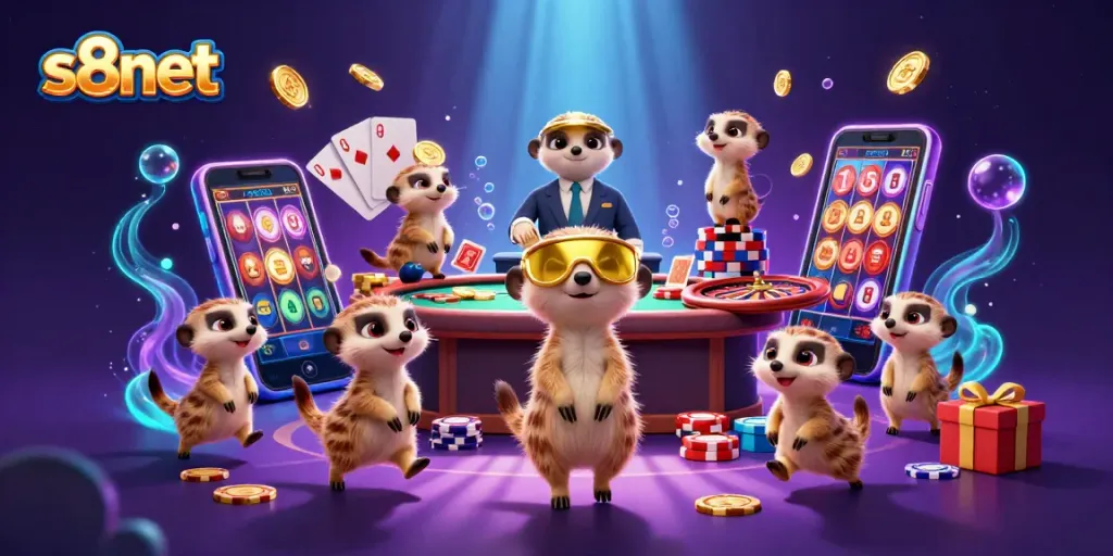 Engage with exciting gaming at s8net, featuring meerkats in a vibrant casino scene.