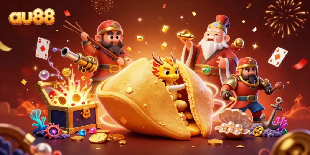Experience the fortune of au88 with a magical 3D scene of luck and treasure!