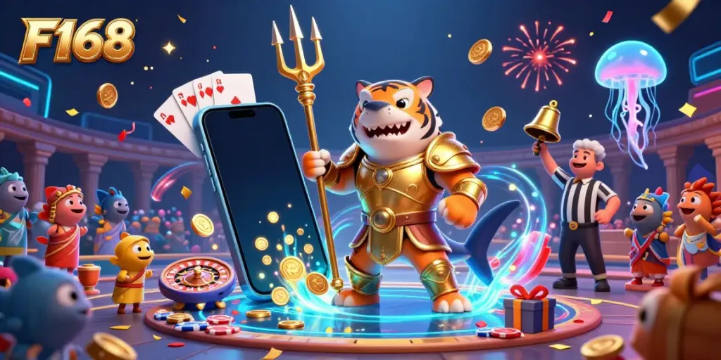 Experience F168 excitement with a vibrant underwater gladiator scene featuring lively slot game elements.