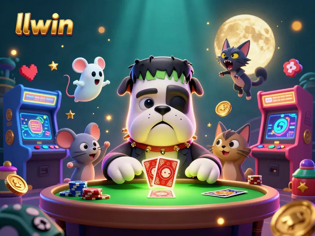 llwin's thrilling gaming scene features card-dealing bulldog, ghost mouse, and howling werewolf kitten.