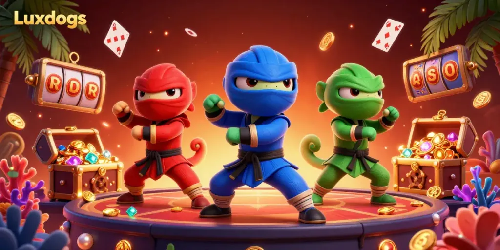 Engage with Luxdogs in a vibrant 3D casino scene showcasing dynamic chameleons performing martial arts amidst thrilling gaming elements.