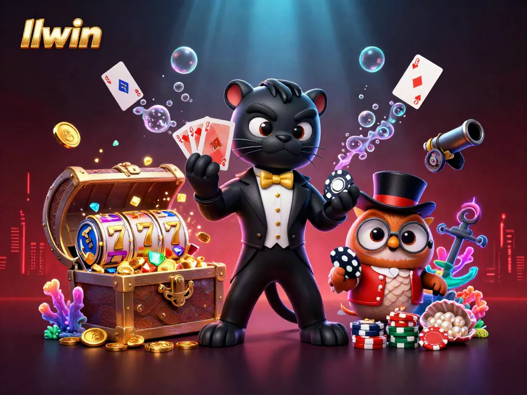 llwin showcases winning cards in a vibrant casino scene with 3D characters and dynamic gaming elements