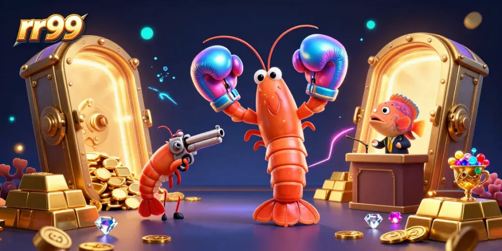 Engage with rr99's thrilling 3D casino scene featuring vibrant treasure and lively shrimp characters.