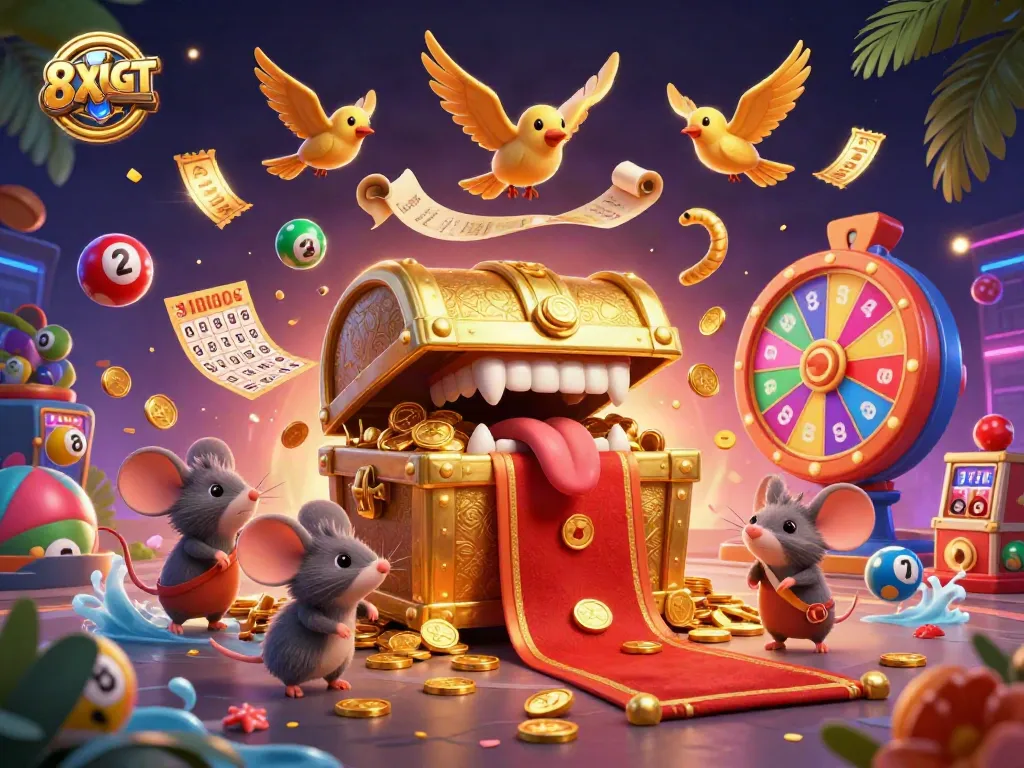 Engage with 8XBET's thrilling gaming atmosphere featuring a dynamic treasure chest and vibrant casino elements.