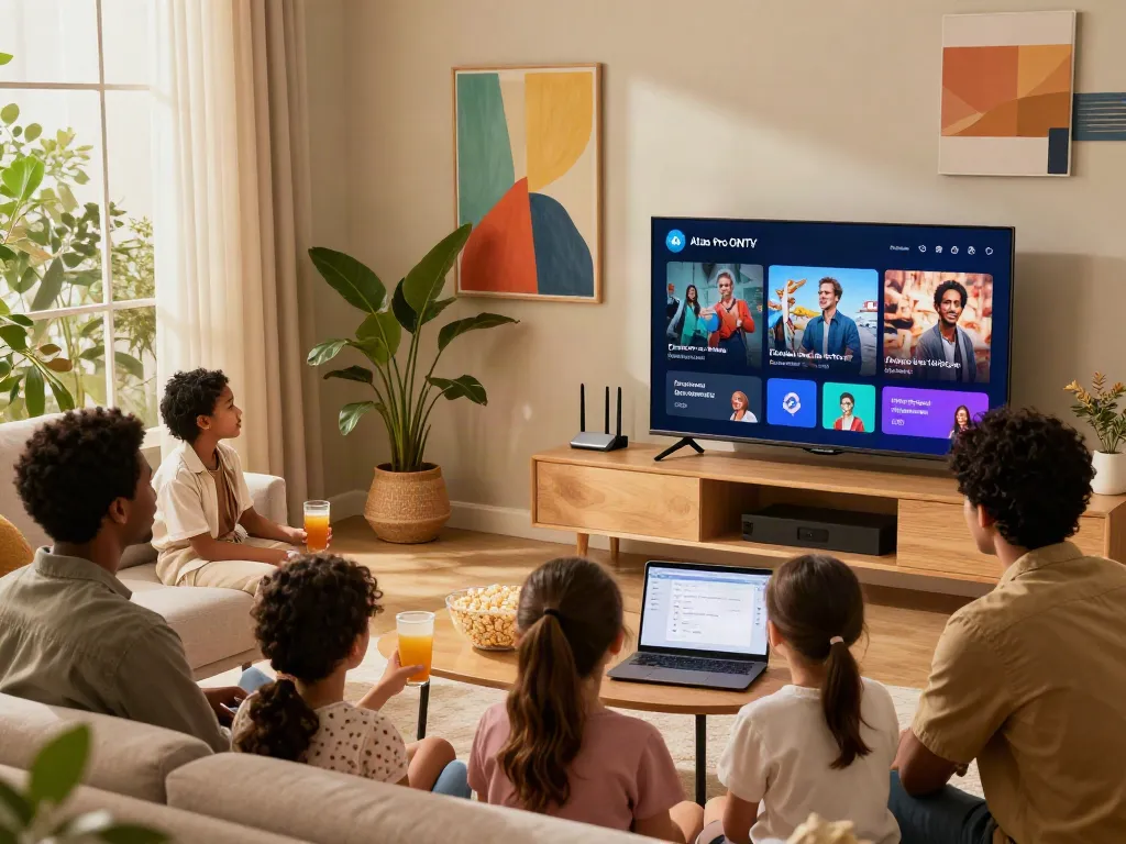 Scène familiale utilisant l'application Atlas Pro ONTV sur Smart TV