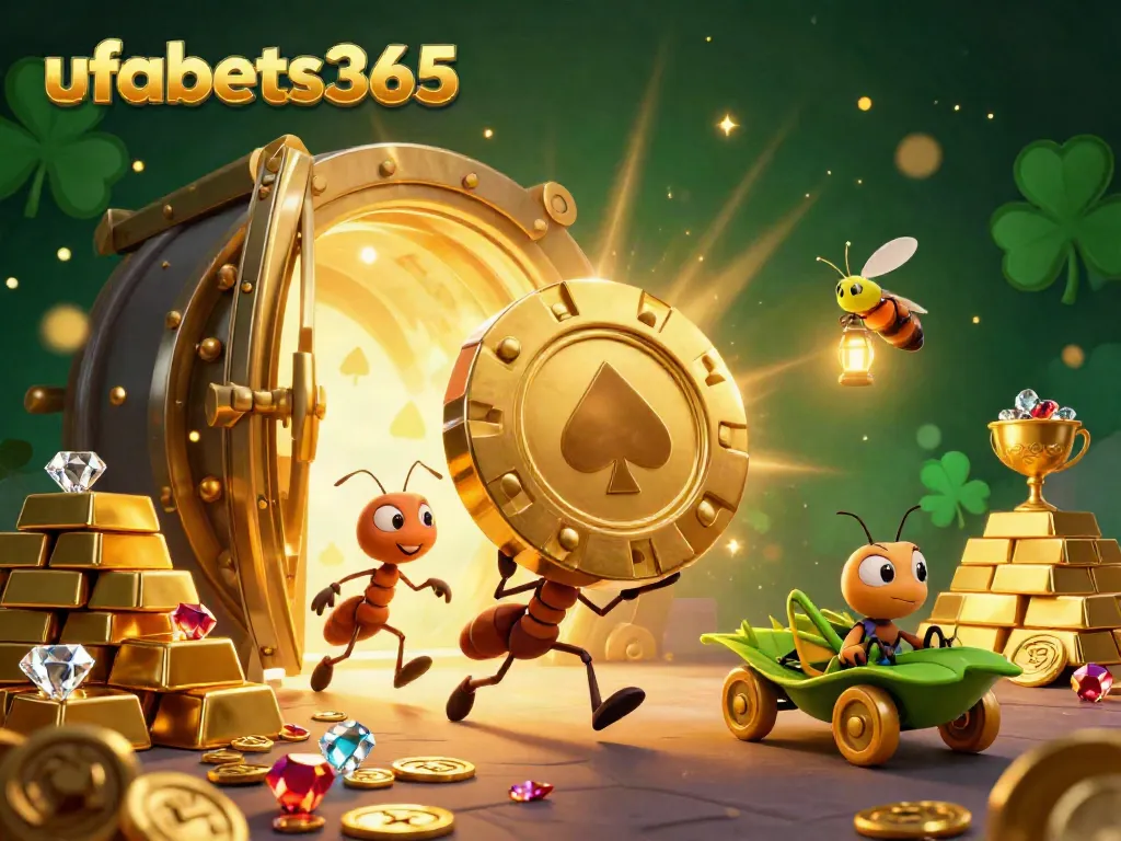 Experience the excitement of ufabets365 with ants on a heist carrying a giant poker chip in a thrilling casino scene.