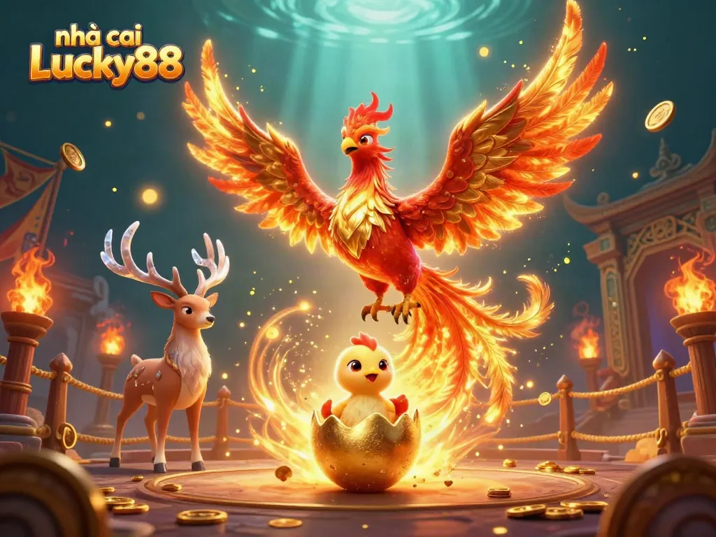Experience the thrill at nhà cái Lucky88 with vibrant characters and dynamic elements within a captivating casino scene.