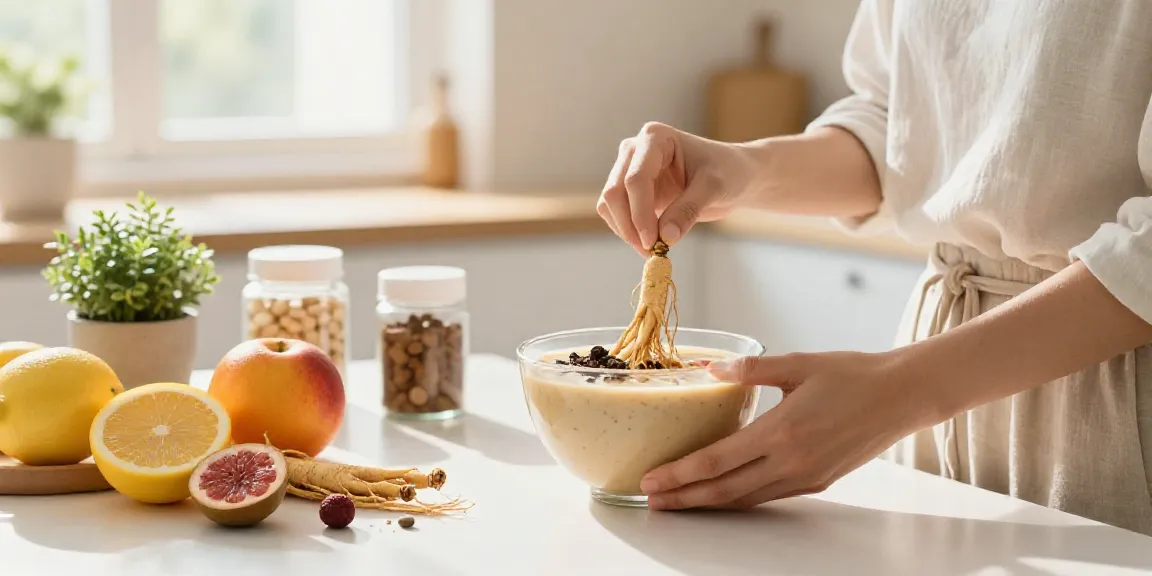Personne préparant un smoothie bowl avec des suppléments naturels Natura Force dans une cuisine lumineuse.