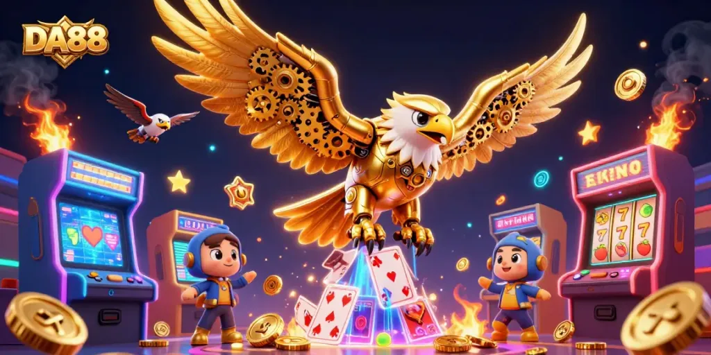 DA88 features a golden eagle diving through holographic cards, surrounded by vibrant casino game elements.