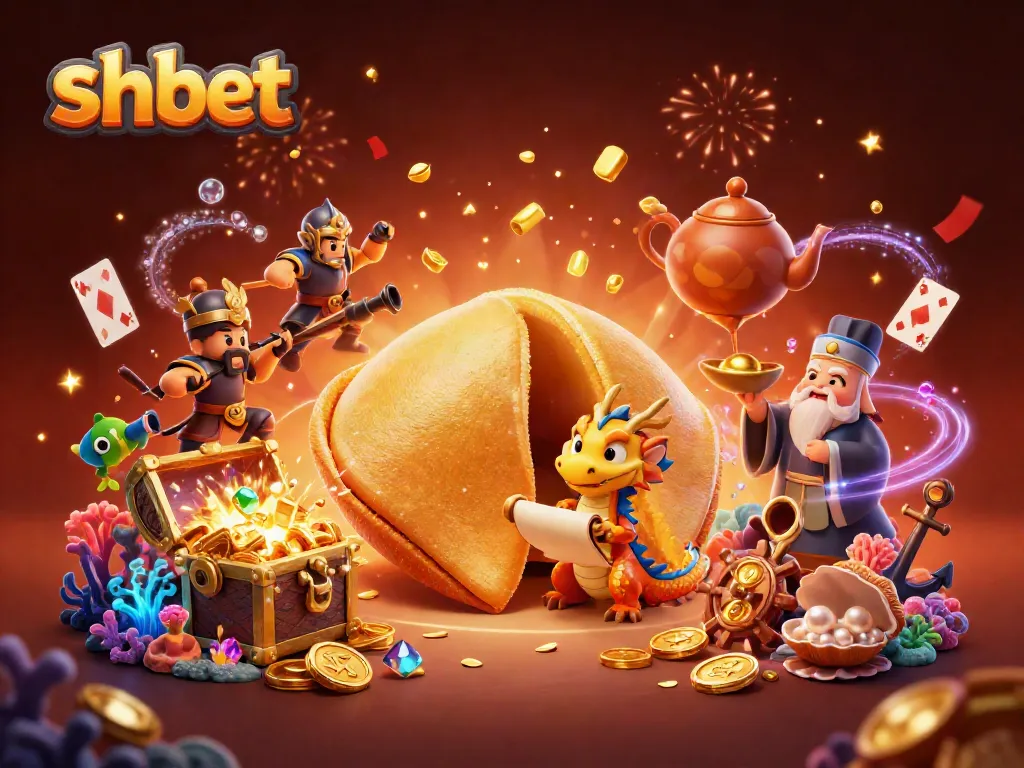 Engage with shbet's exciting gaming space featuring a golden fortune cookie and vibrant casino elements.