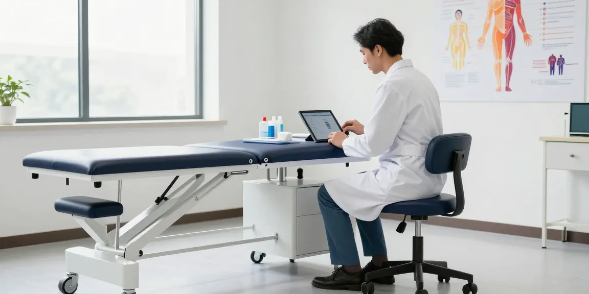 Tabouret médical réglable en hauteur avec roulettes utilisé par un praticien dans un cabinet médical moderne.
