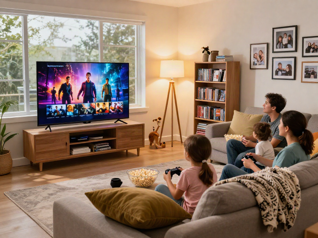 Family enjoying movies on a vibrant Iron TV in a cozy living room, capturing togetherness.