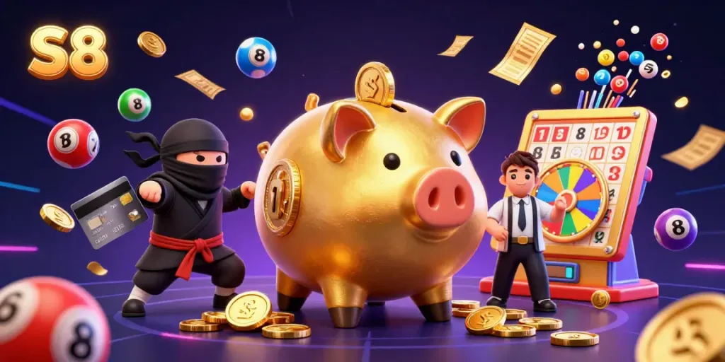 Experience S8 casino excitement with a vibrant 3D scene of gaming elements and animated characters.
