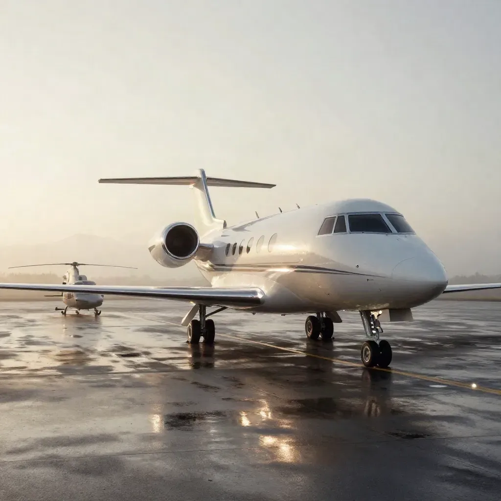 Jet privé sur tarmac mouillé au lever du jour, hélicoptère VIP et escalier lumineux.