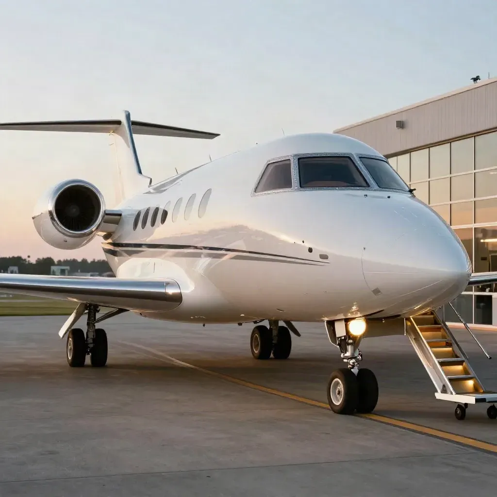 Jet privé blanc sur tarmac, escaliers ouverts devant un terminal exécutif au crépuscule.