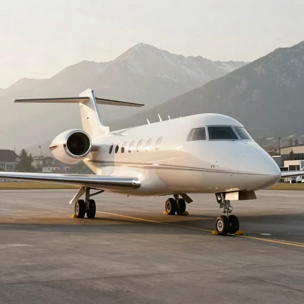 Jet privé prêt sur le tarmac de Genève, passerelle en place, Alpes dans la brume.