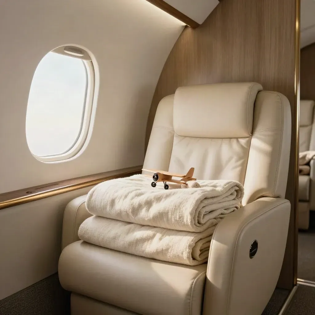 Coin cabine VIP familiale avec couvertures pliées, jouets neutres et vue sur un ciel calme.
