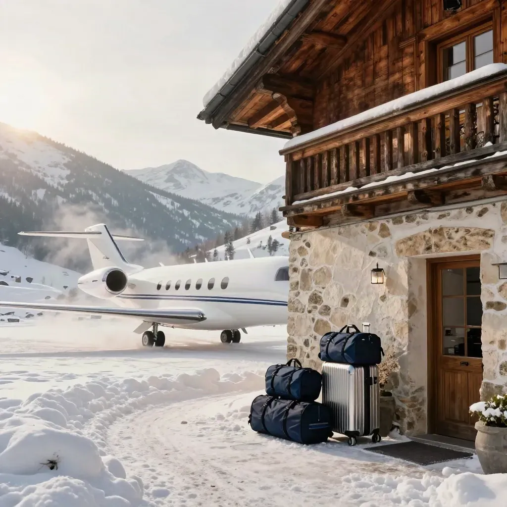 Jet privé et chalet enneigé, bagages de ski près d’une entrée en pierre, neige en suspension.