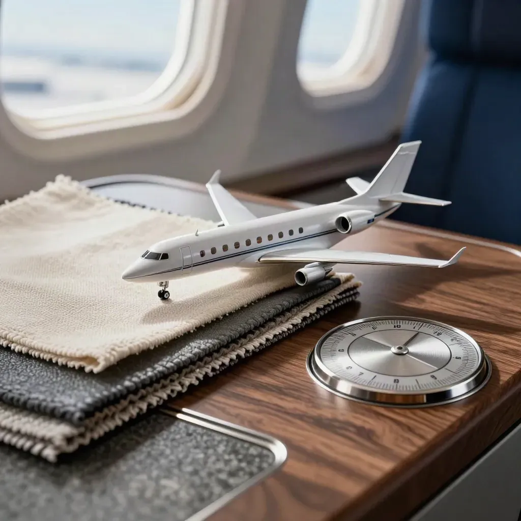 Maquette d’avion, échantillons de cabine et disque de route sur un bureau d’aviation privé.