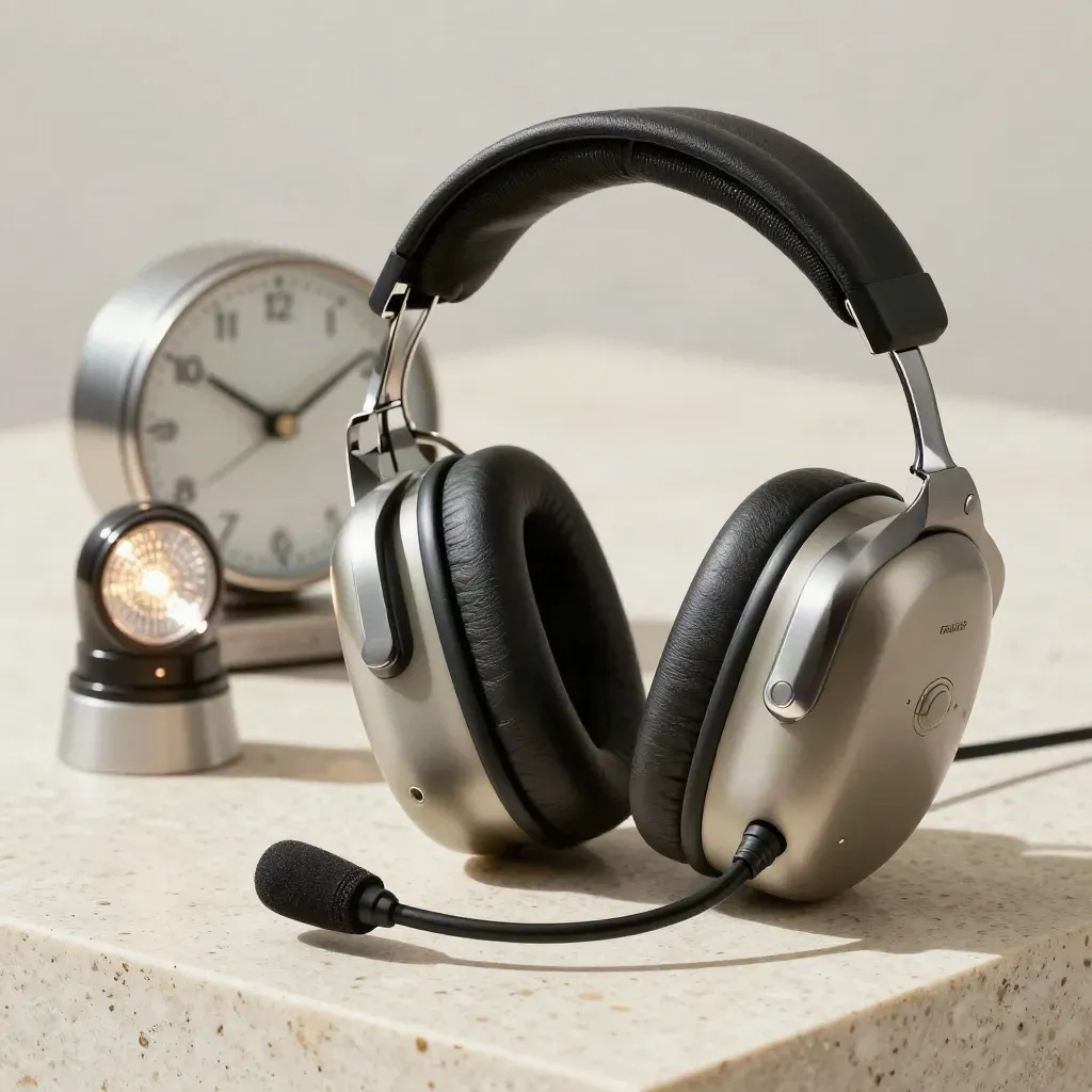 Casque aviation, lentille de balise et horloge métal sur travertin sombre.