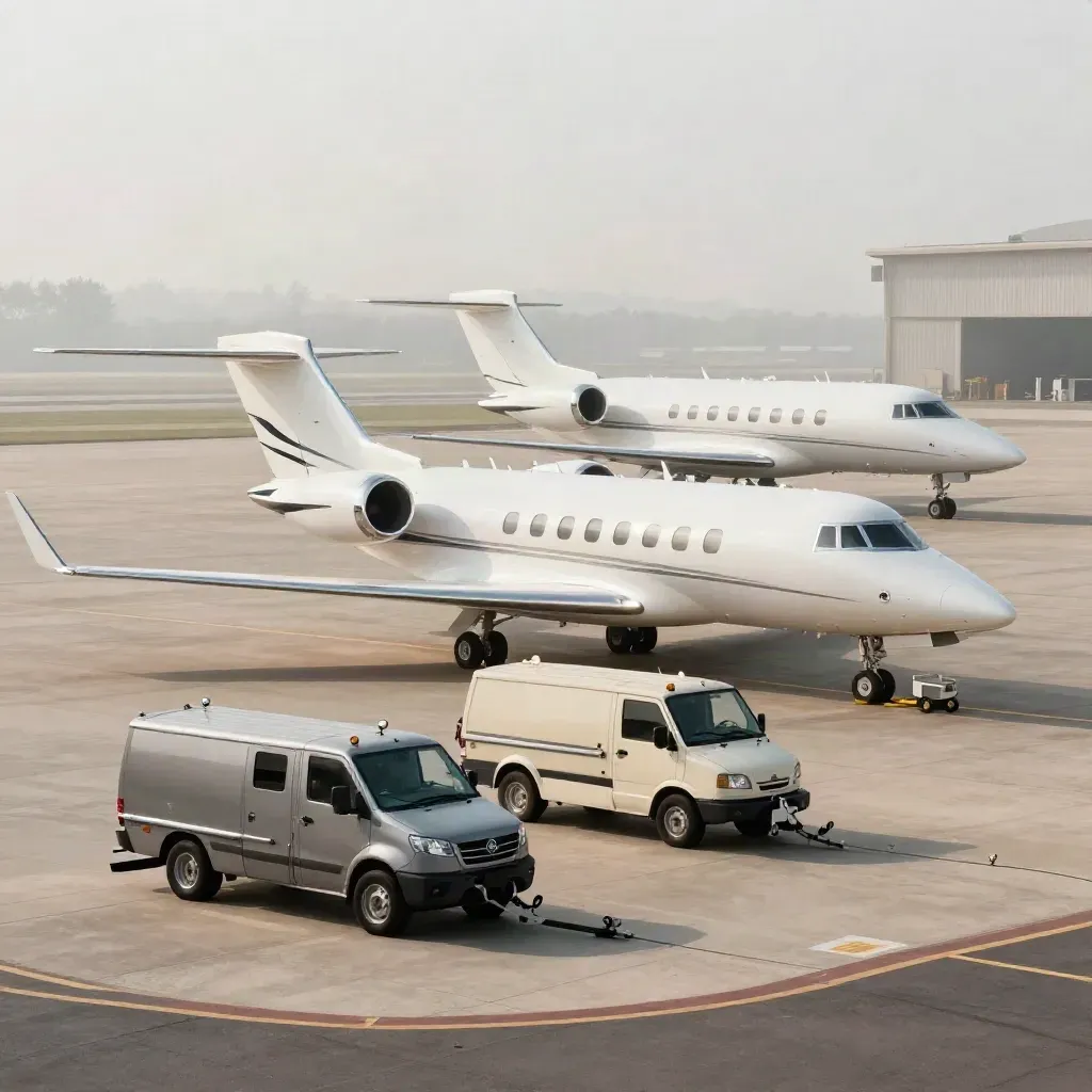 Trois dérives de jets privés et deux véhicules piste alignés sur un tarmac brumeux.