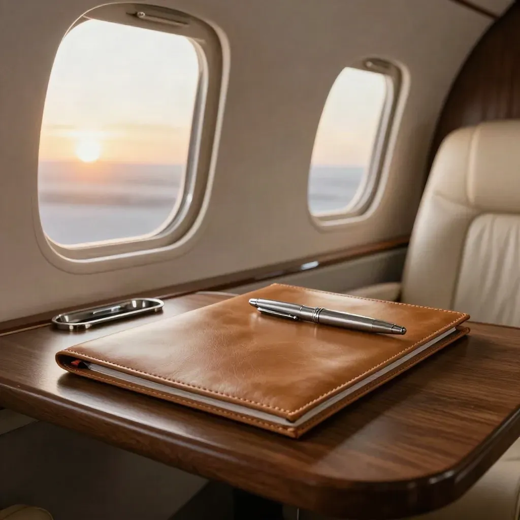 Folio en cuir fermé et stylo argenté dans une cabine de jet privé au coucher du soleil.