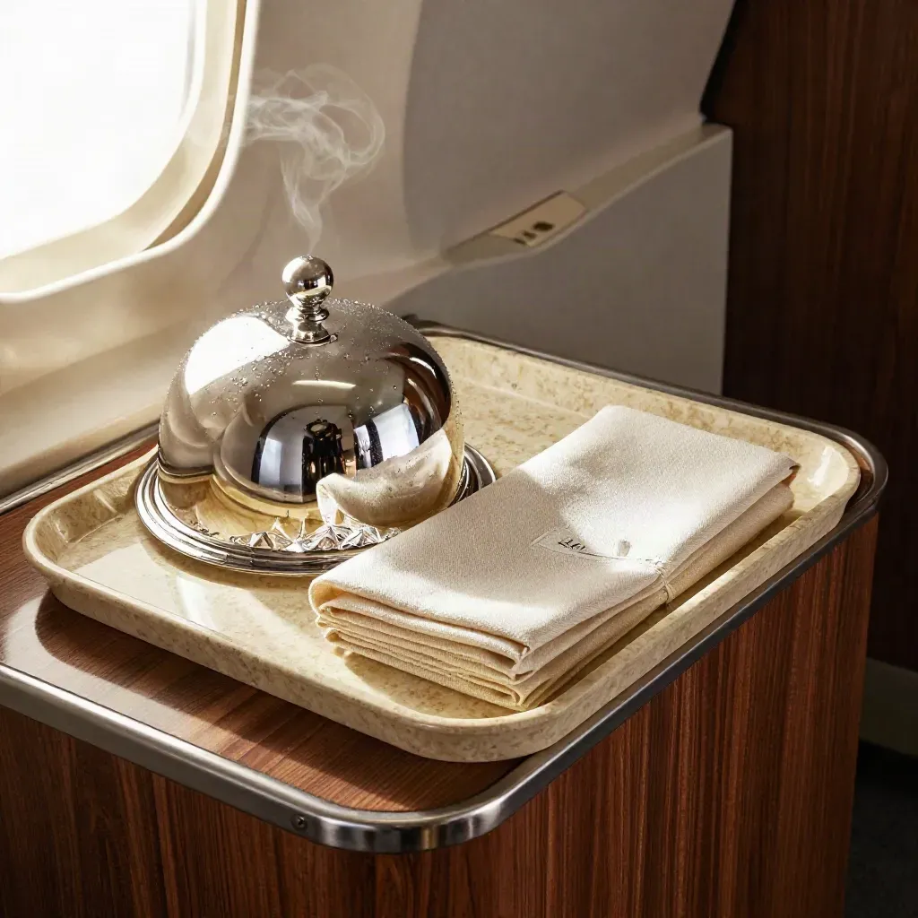 Plateau de service VIP avec cloche argentée, verre cristal et serviette en lin sur plan de cabine