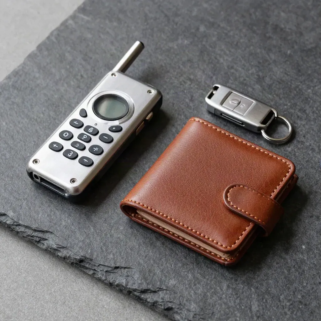 Vue zénithale d’un kit d’appel rapide : téléphone satellite, portefeuille cuir et porte-clés avion.