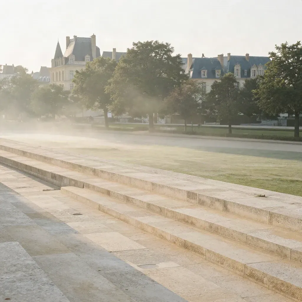 Île-de-France au crépuscule, toits de Versailles et brume douce sur fond de pierre claire.