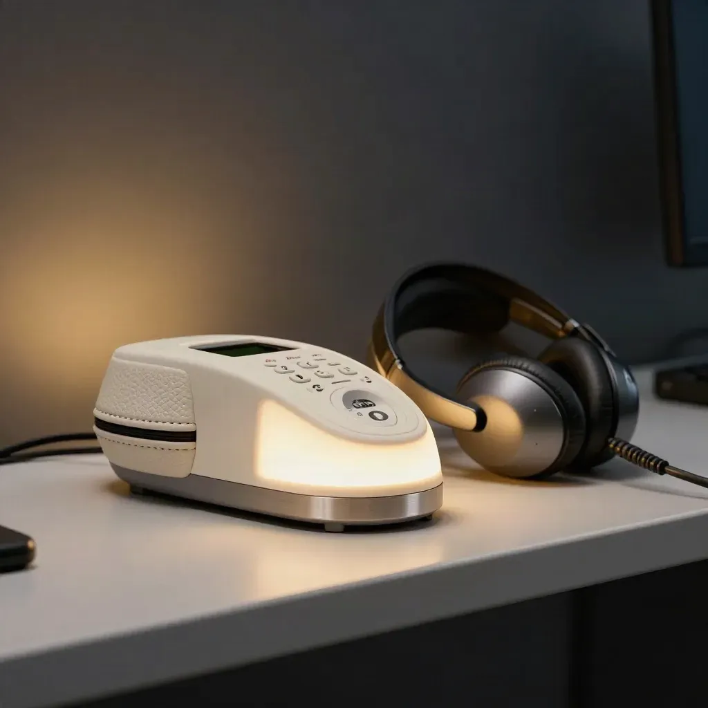Base radio, batterie et étui casque sur une étagère de dispatch aérien, lumière nocturne douce.