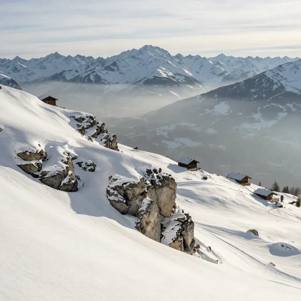 Alpes françaises au lever du jour, crête enneigée et vallée brumeuse au calme.