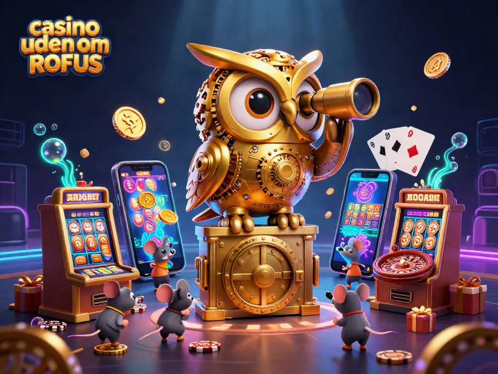 Enjoy exciting gaming at casino uden om ROFUS with a vibrant 3D scene featuring animated characters and electric casino elements.