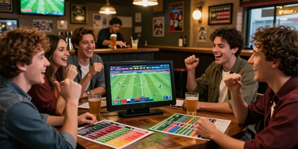Vrienden wedden op voetbal in een levendige sportbar met een groot scherm.