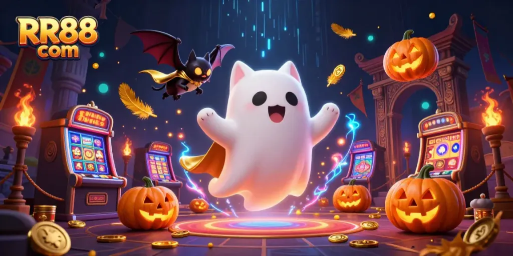 Experience thrilling gameplay at RR88 com with a dynamic ghost cat and jack-o-lanterns in a rich casino scene.