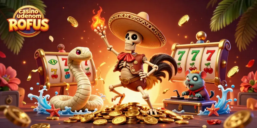 Engage with casino uden om ROFUS: A lively scene of a dancing mariachi rooster, lucky charms, and festive elements.