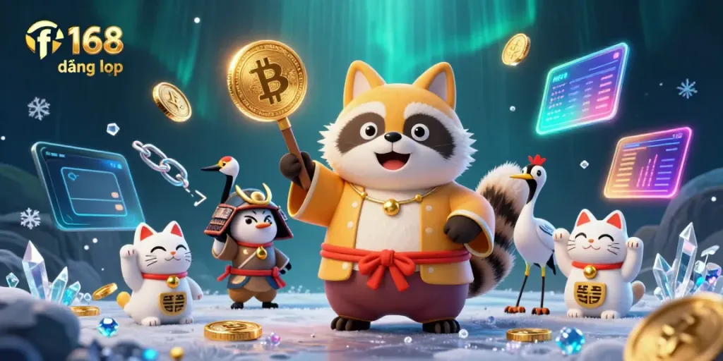 Engage in vibrant f168 đăng nhập casino excitement with colorful characters amid Bitcoin and Ethereum elements.