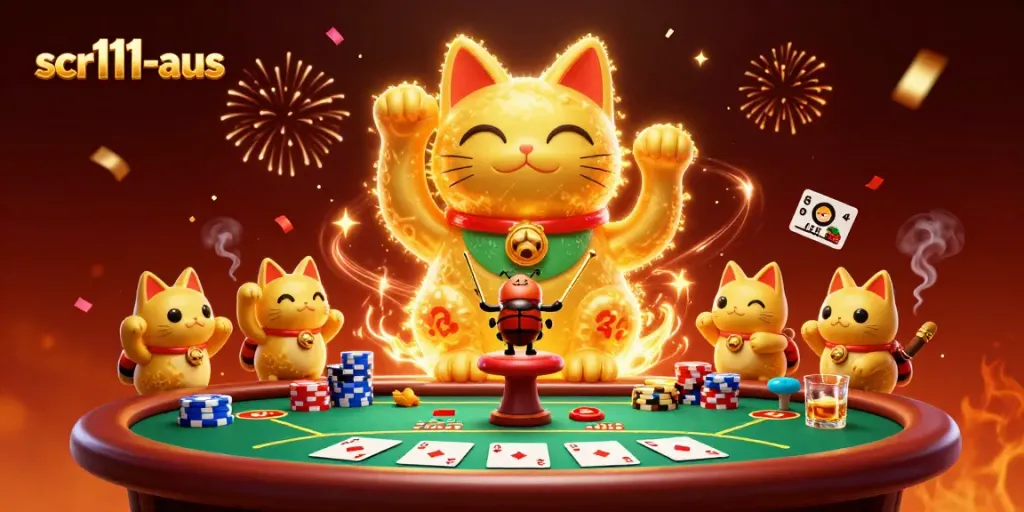 Engage in exciting games at scr111-aus with a vibrant lucky cat illustration amid casino elements.