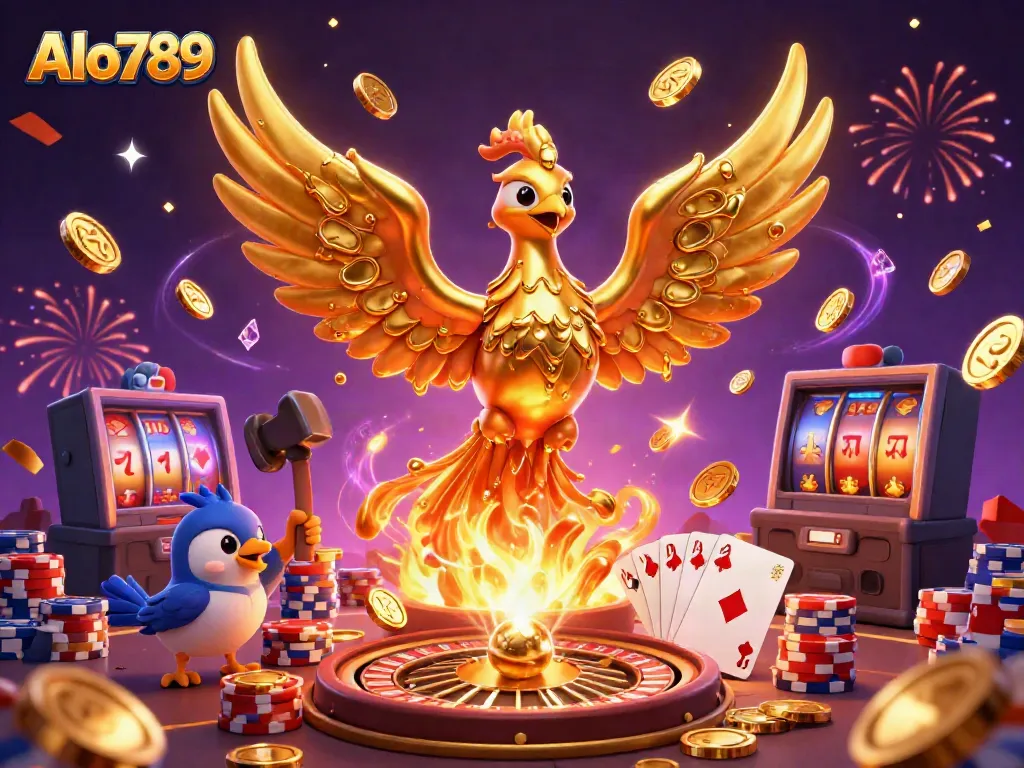 Alo789 betting scene with a molten phoenix and assistants creating winning symbols amidst rich casino elements.