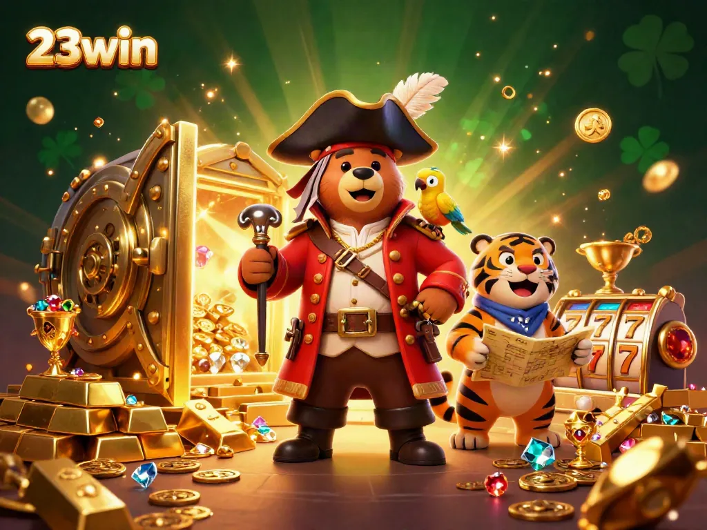 Engage with 23win's dynamic casino adventure featuring a cartoon pirate captain bear and treasures in a golden vault.