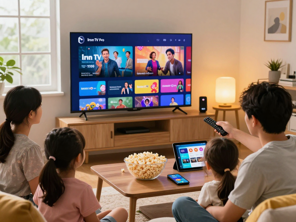 Abonnement Iron TV Pro pour streaming HD et 4K à domicile avec famille devant la télévision.