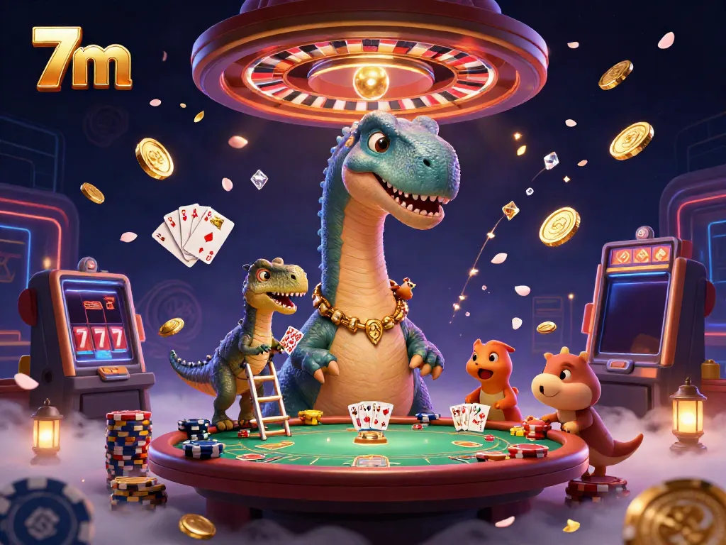 Engage in 7m action with a brontosaurus at a casino, featuring vibrant gaming details.