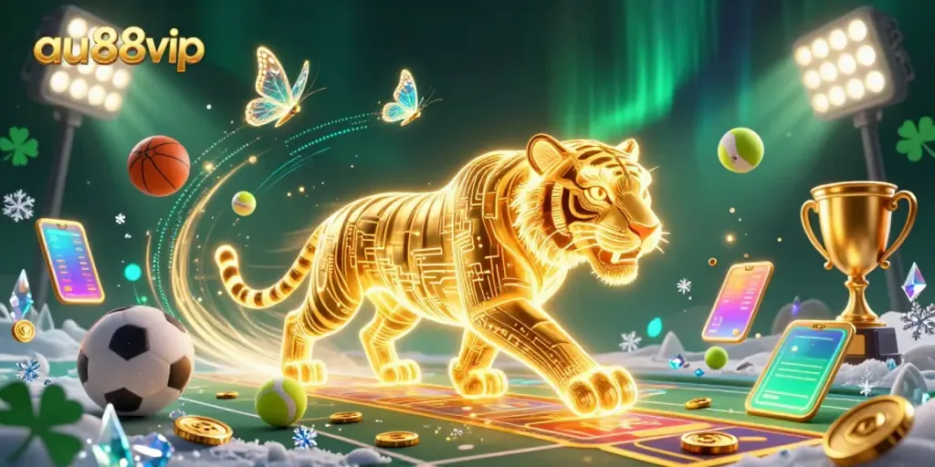Experience thrilling gameplay at au88vip with a vibrant 3D digital casino scene, featuring a golden tiger and holographic butterflies.