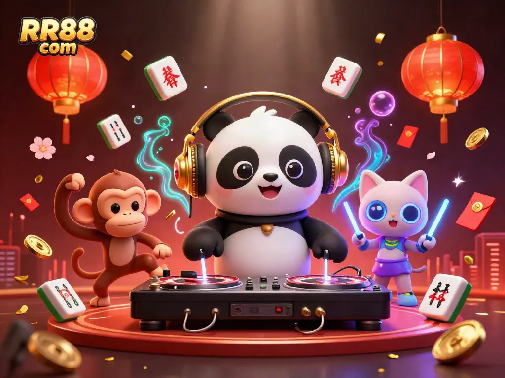 Spin to win at RR88 com with a dynamic DJ panda, a breakdancing monkey, and a rave kitten.