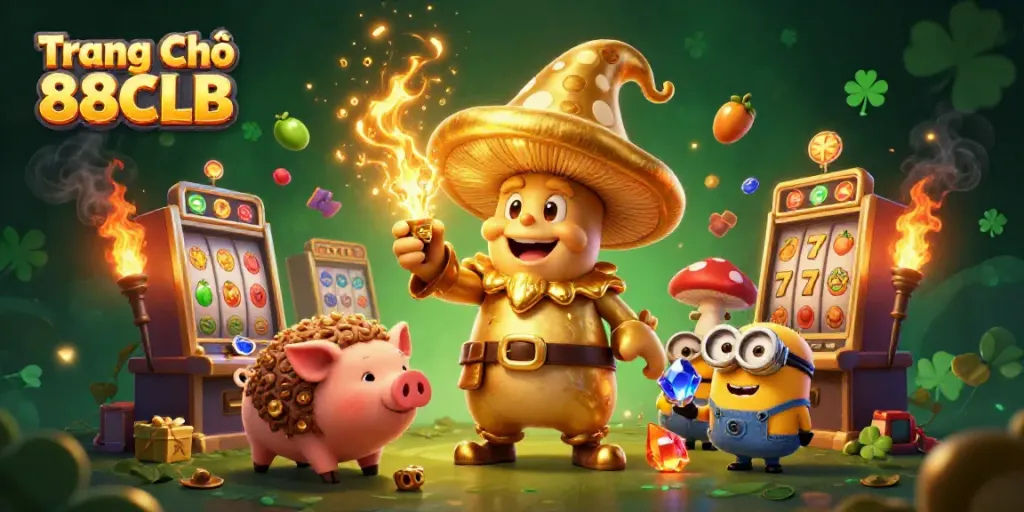Engage with the vibrant slots at Trang Chủ 88CLB, featuring colorful slot machines and golden magical elements.