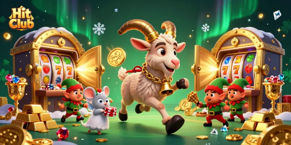 Experience the thrill at Hit Club casino with festive and spooky characters amidst dazzling slot machines.