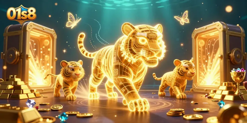 Engage in thrilling casino adventures with 01s8's dazzling neon tiger in a vibrant digital landscape.